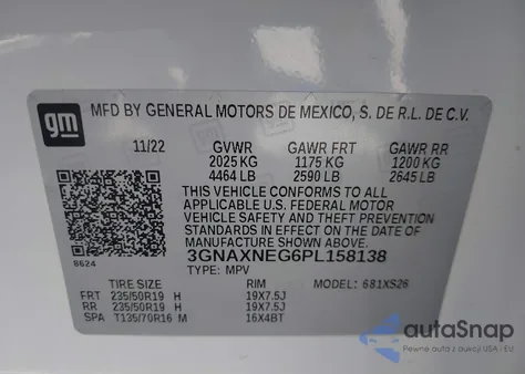 2023 Chevrolet Equinox Fwd Premier z USA, uszkodzony, nr VIN 3GNAXNEG6PL158138